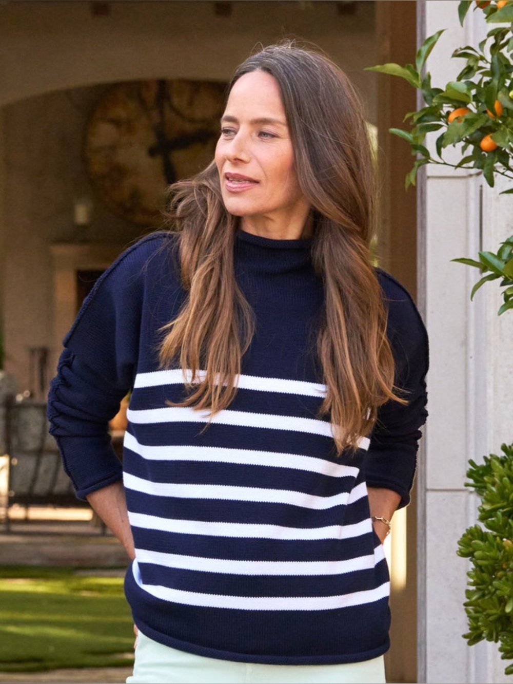Frank & Eileen Monterrey Roll Neck Sweater Navy Stripe Size S Cotton Knit